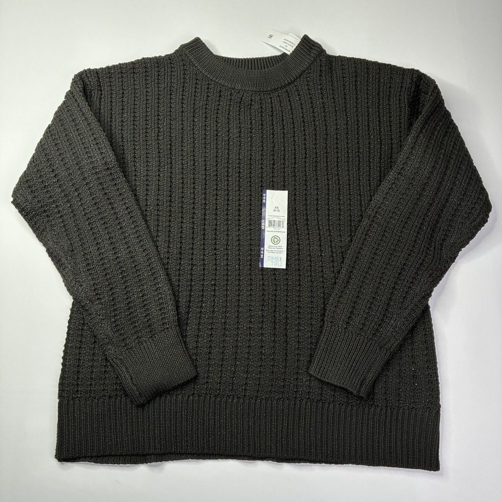 Time and Tru Womens Textured Pullover Sweater Size XS (0-2) Black Crew Neck NWT